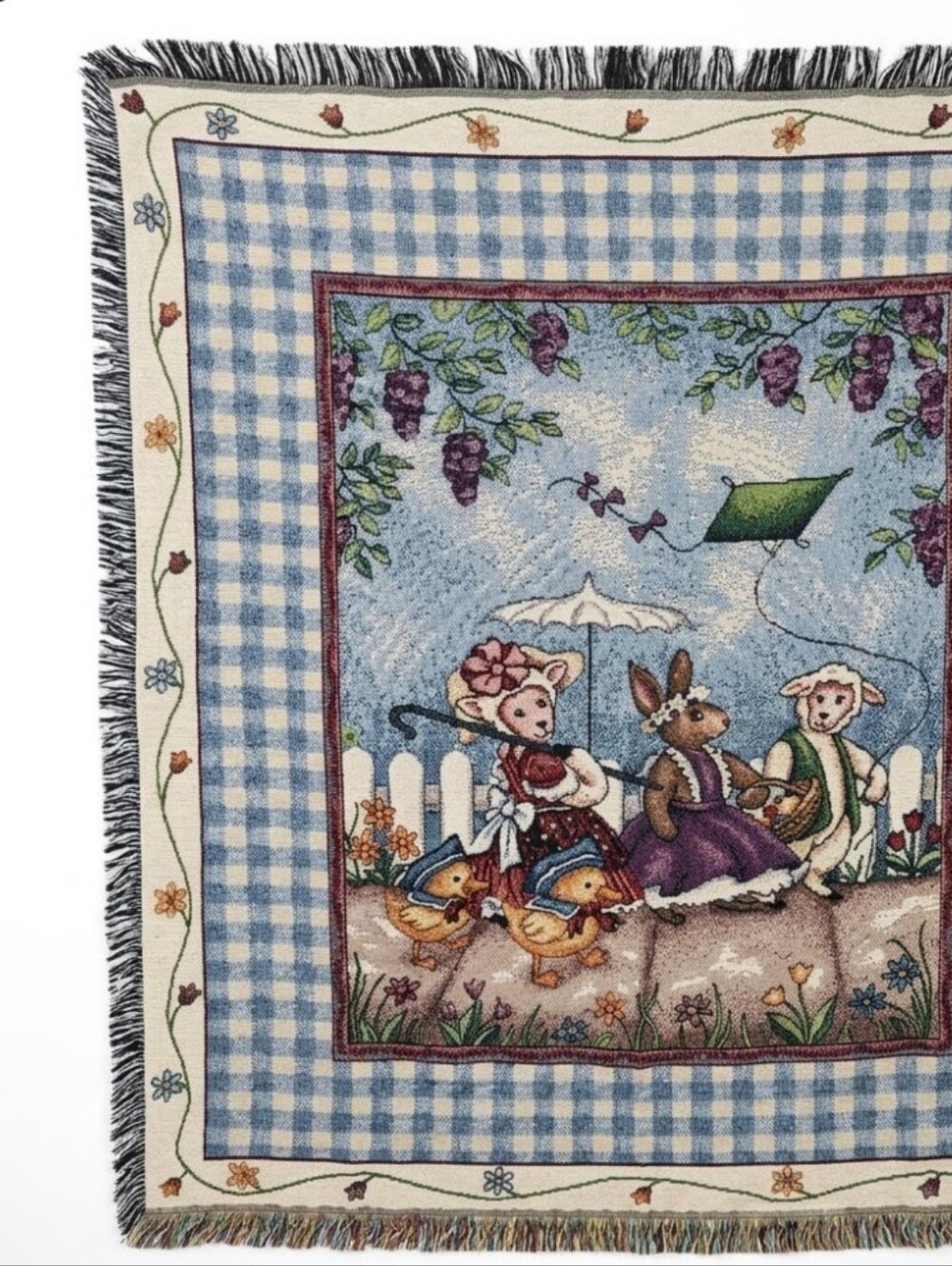 Vintage Vicky Howard Hippity Hoppity Woven Tapestry Blanket Throw 50x60 Cotton